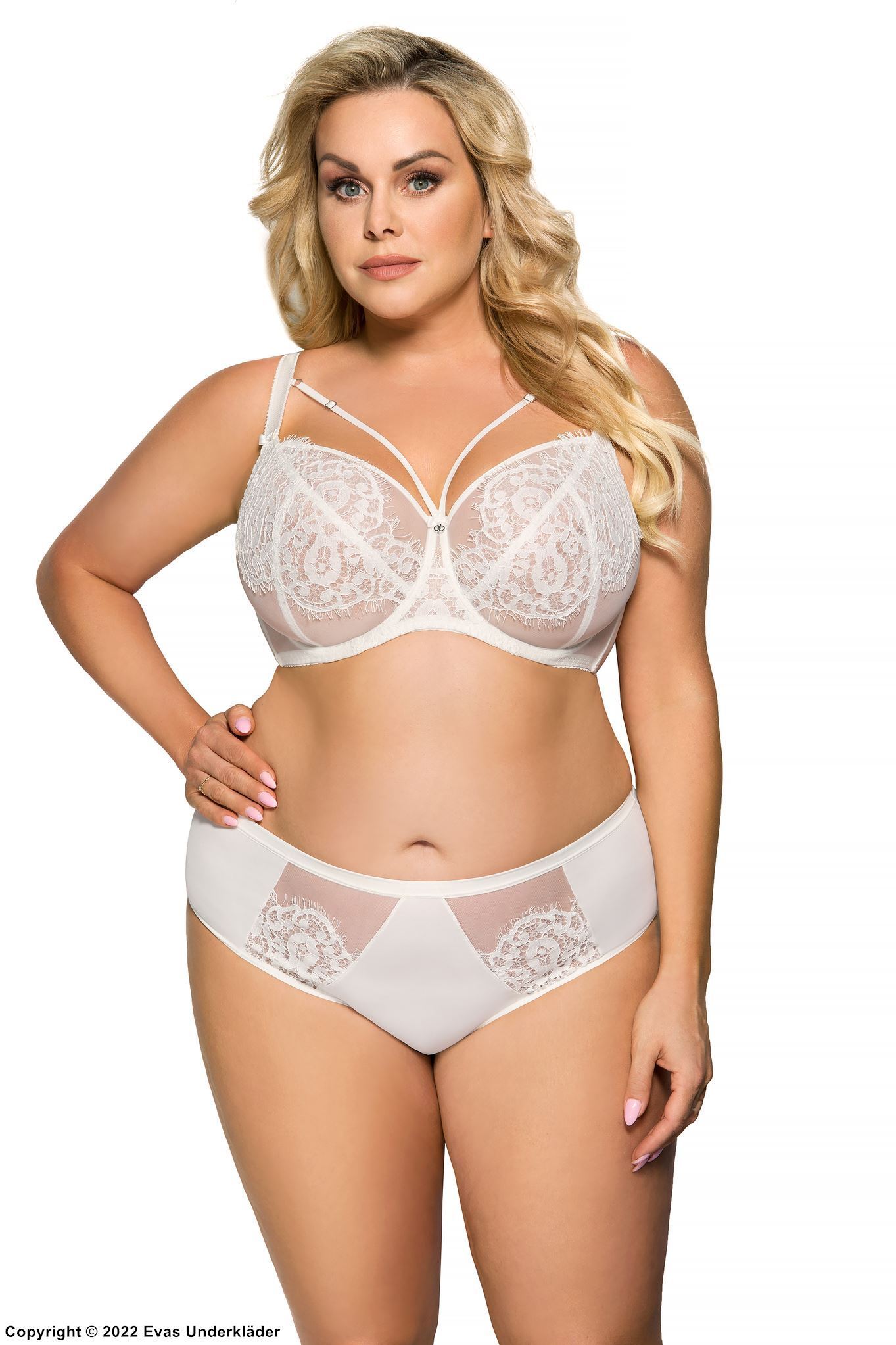 Soft cup bra, straps over bust, eyelash lace, sheer cups, D to M-cup